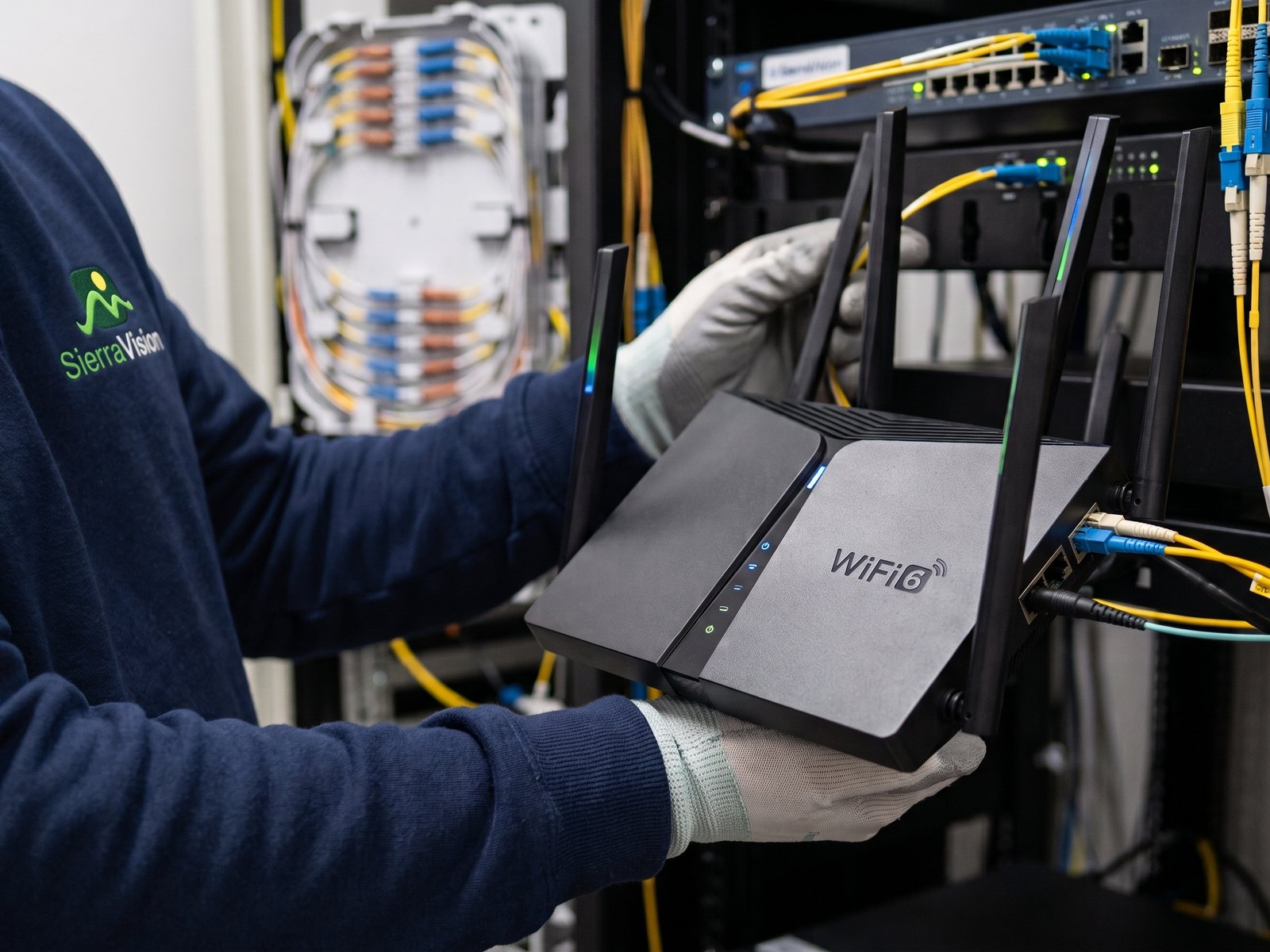 Un técnico de SierraVision con un router WiFi 6 en la mano, delante del rack y la bandeja de empalmes de fibra